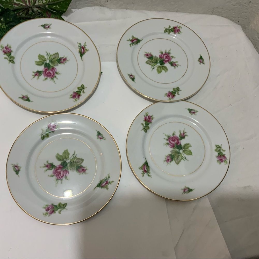 4 Vintage KYOTO 7512 ROSEVERTE 6 1/4” Dessert PLATES Roses CHINA Gold G16
